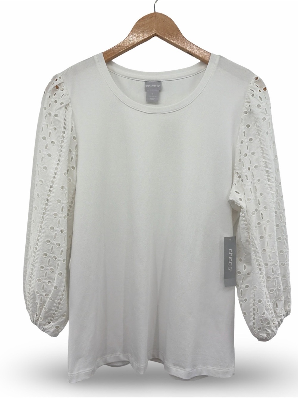 Chico's White Eyelet Puff Sleeve 3/4 Tee Women’s Top Size 1 (Medium) NWT